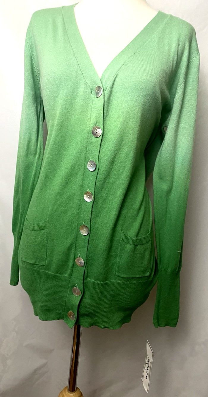 Vtg 90's KIKIT Women’s Sweater Green Combo Size L Bottom Cardigan 100% Cotton